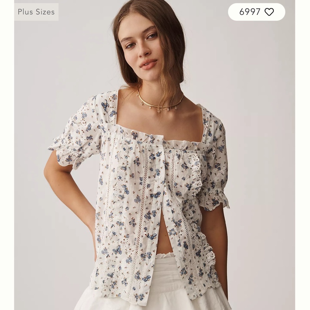 By Anthropologie Puff-Sleeve Blue Floral Eyelet Top NWT